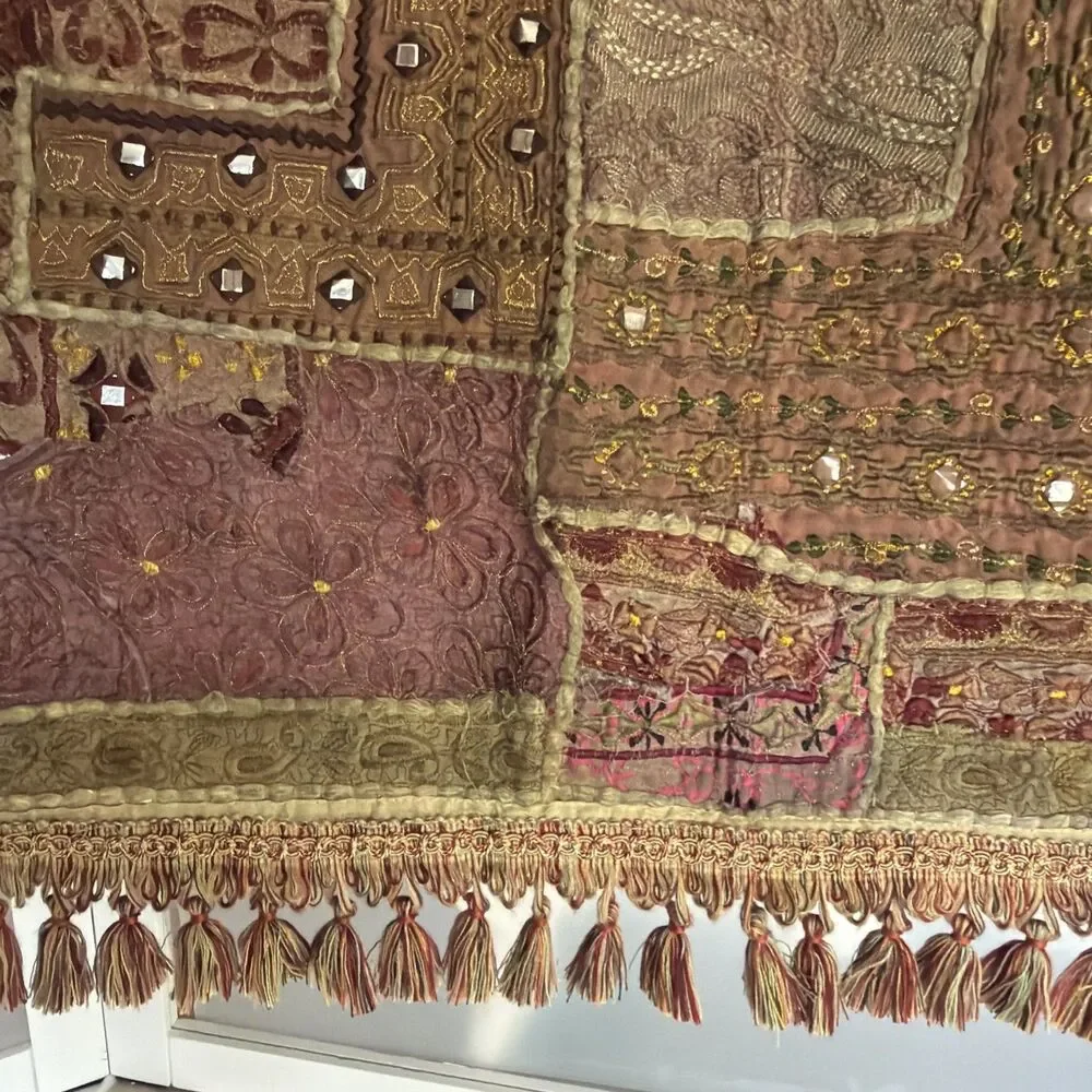 Vtg Indian Sari Patchwork Tapestry Wall Hanging Embroidered Zari Mirror 47x25
